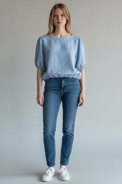 Bellambra Baby Blue Linen Puff Sleeve Cropped Top Size L